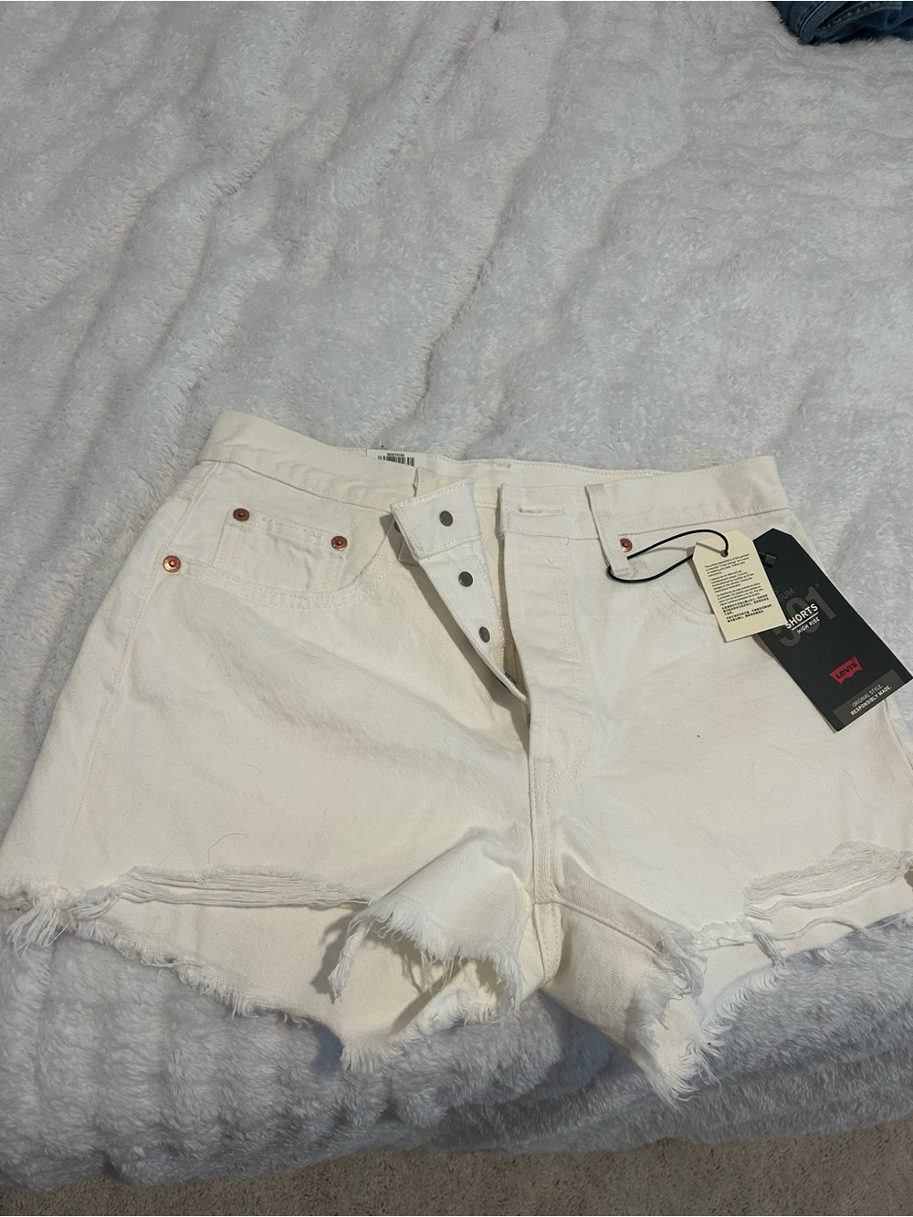 Levi's Light Cream Distressed High-Rise Denim Shorts